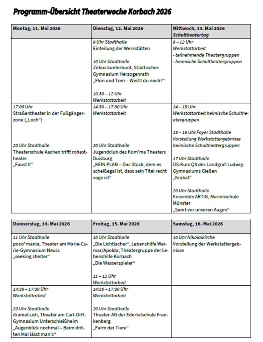 Printscreen des geplanten Spielplans 2026